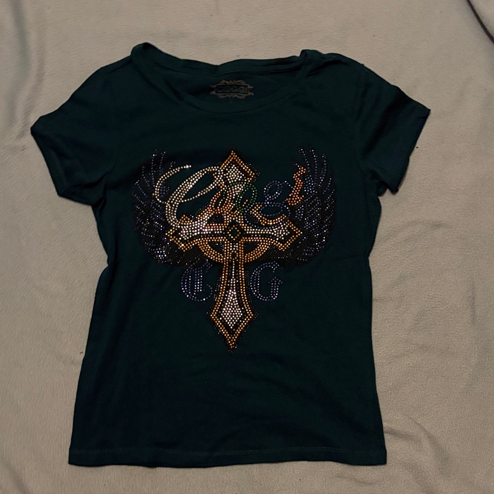 COOGI Black Tee with Embellished Cross Design